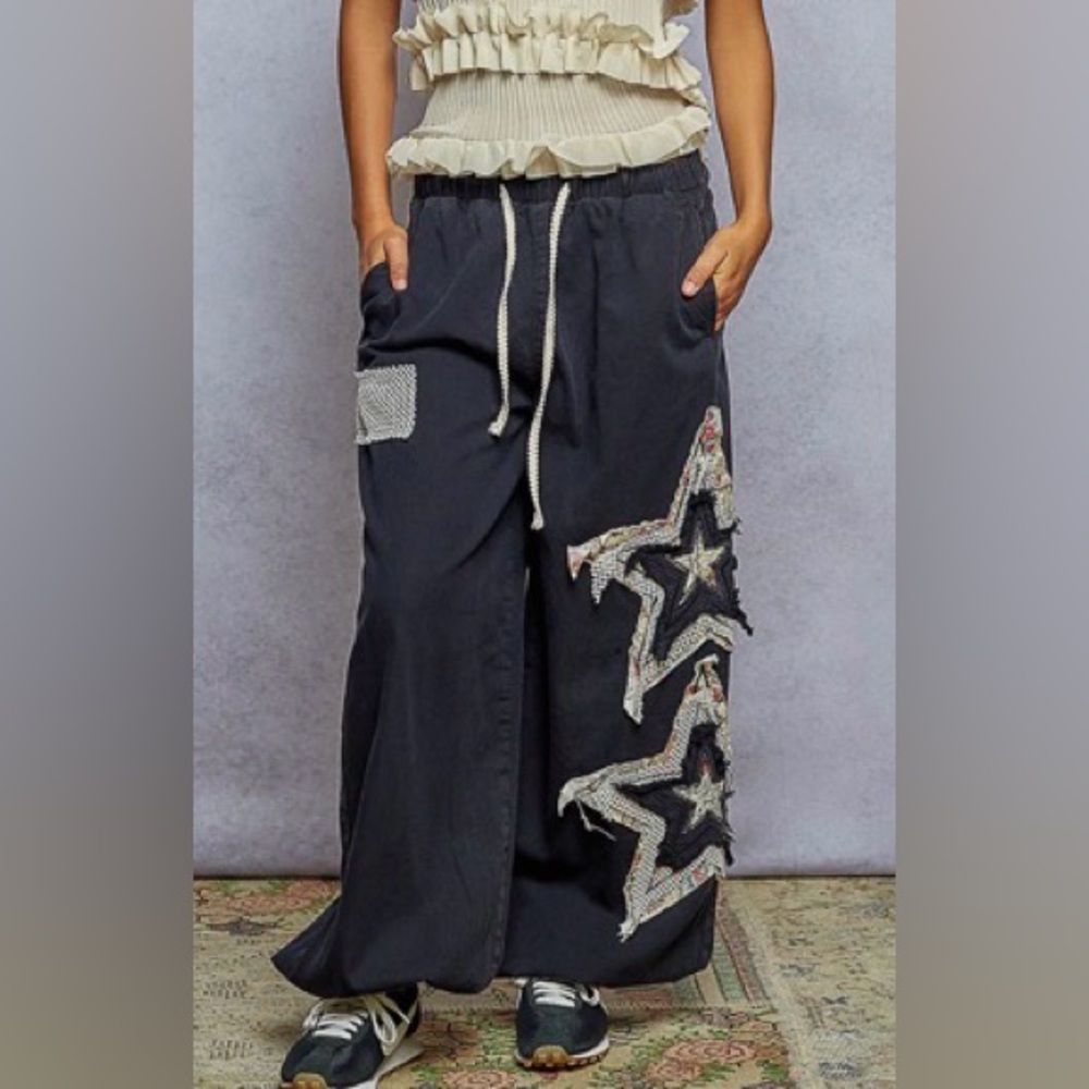 Boho Star-Embroidered Wide Leg Joggers - Black